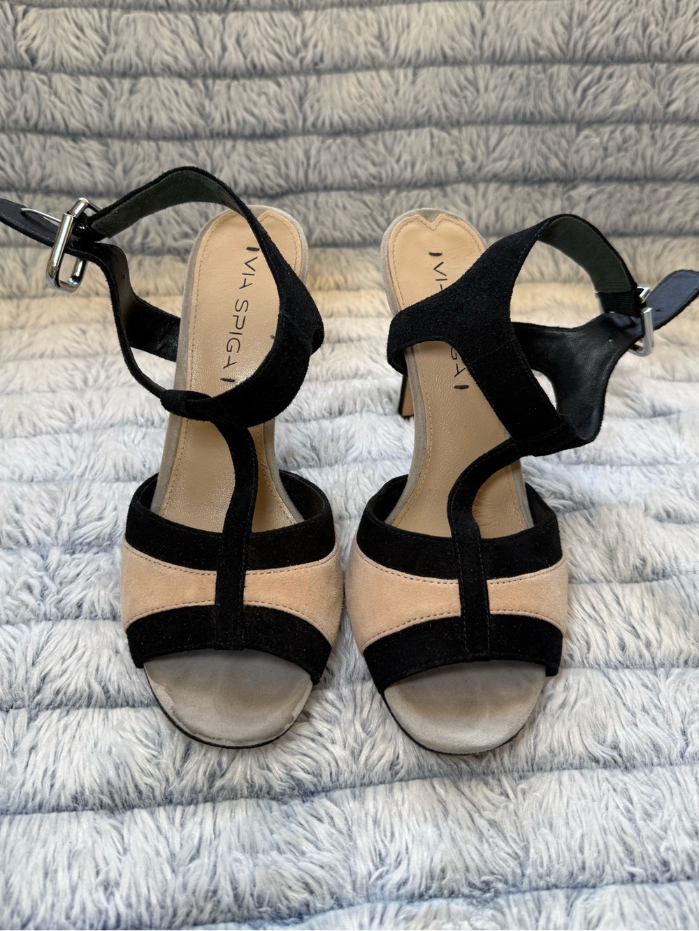 Via Spiga Black and Beige Suede T-Strap Heels